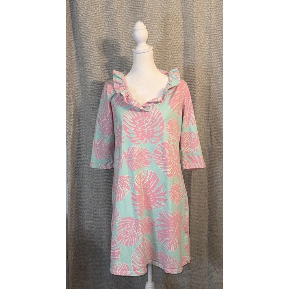 Haley & The Hound Pink & Turquoise Palm Dress Women's Size Large Ruffle Collar